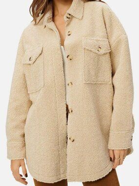 Good American Womens Beige Sherpa Oversized Button-Up Shirt Jacket Sz 1/2